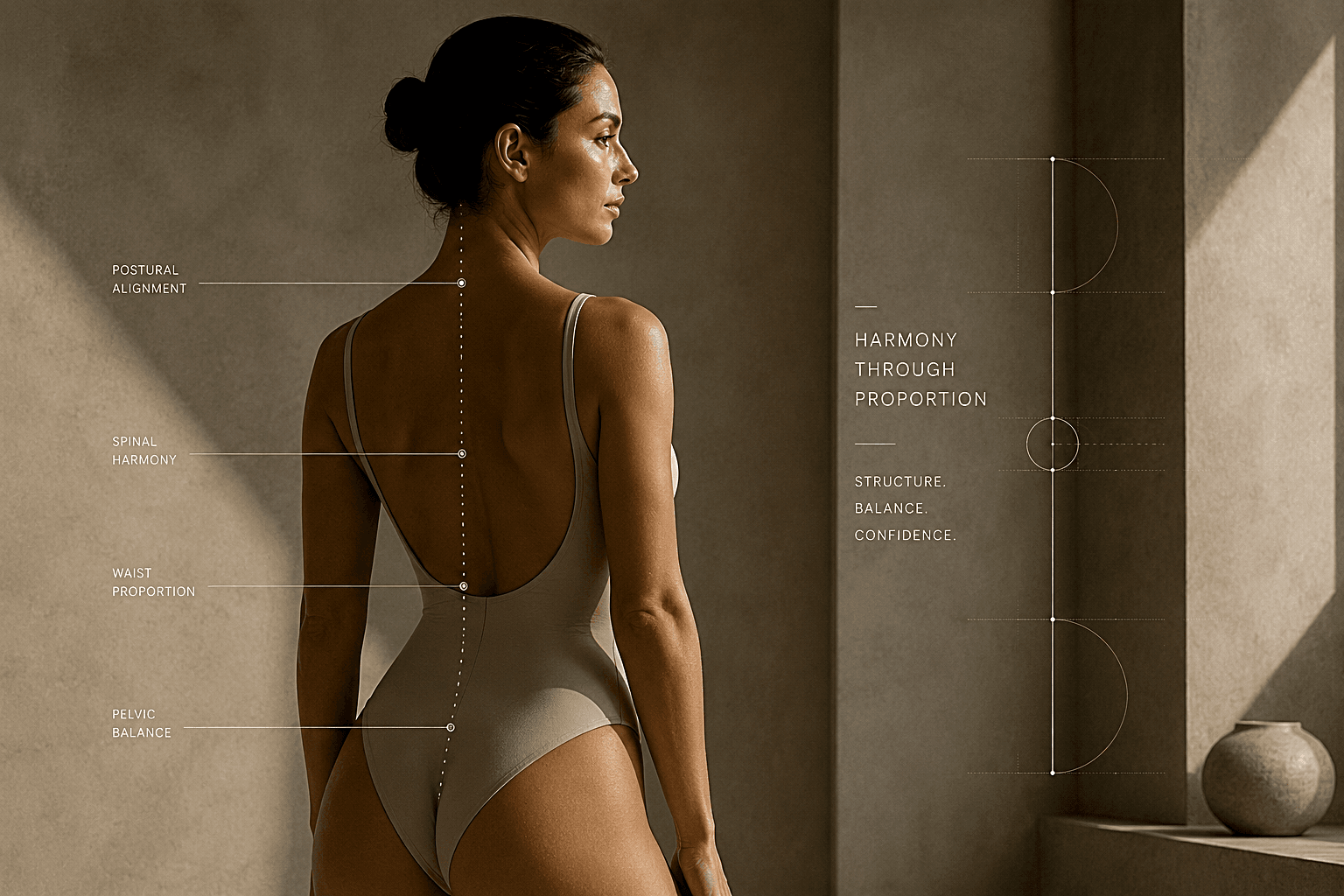 Posture and proportion study of the back with structural alignment reference points.