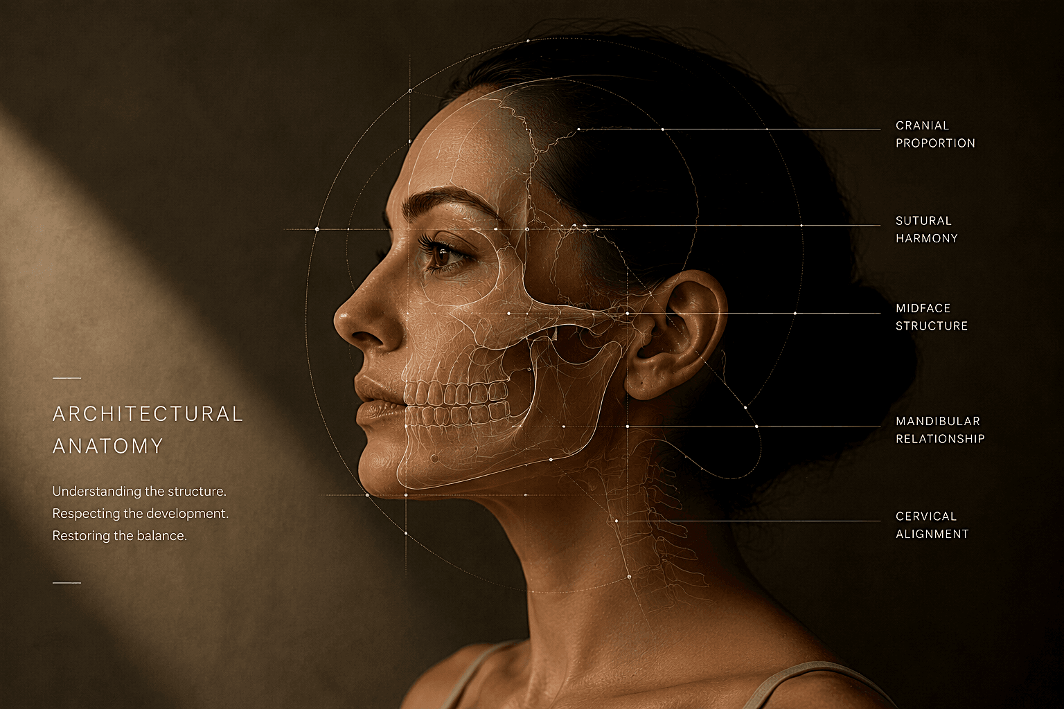 Profile study with craniofacial skeletal overlay and structural reference points.