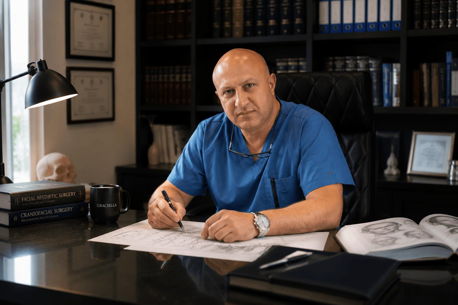 Dr. Ara Hayrapetyan reviewing surgical drawings at his desk, with framed diplomas and medical reference behind him.