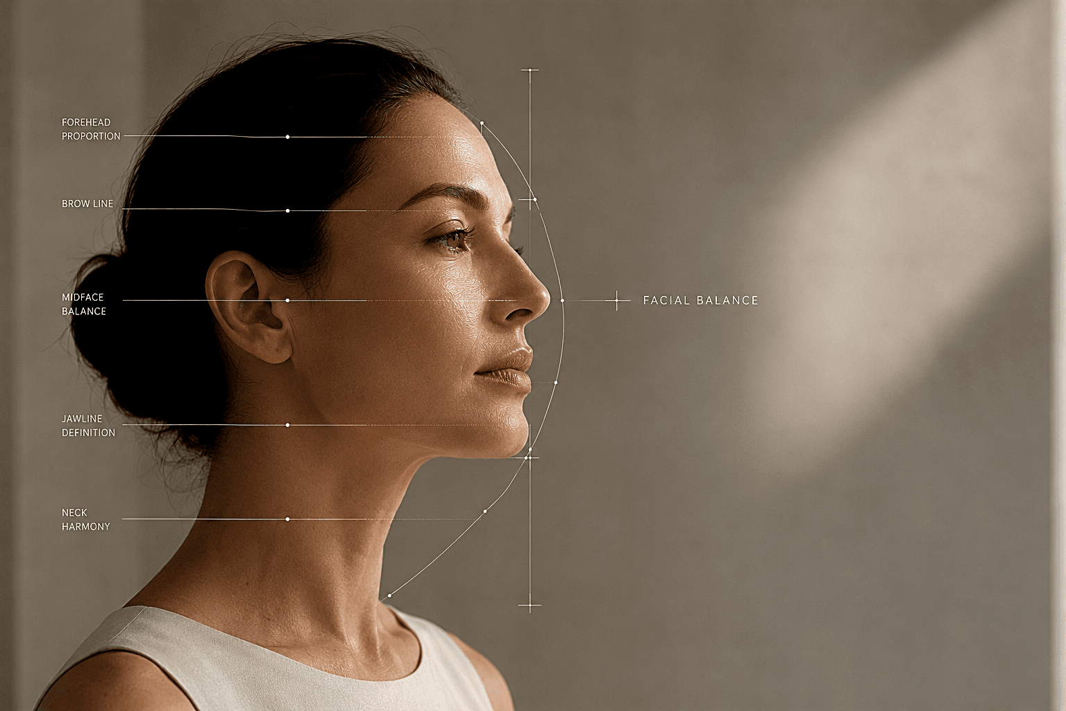 Profile study for facial balance with structural measurement reference points.