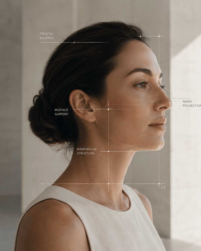 Profile portrait study with architectural facial measurement references.