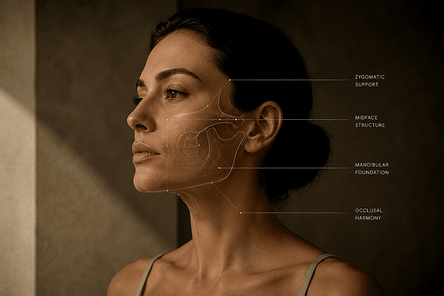 Three-quarter facial study with maxillofacial structural overlay and reference points.
