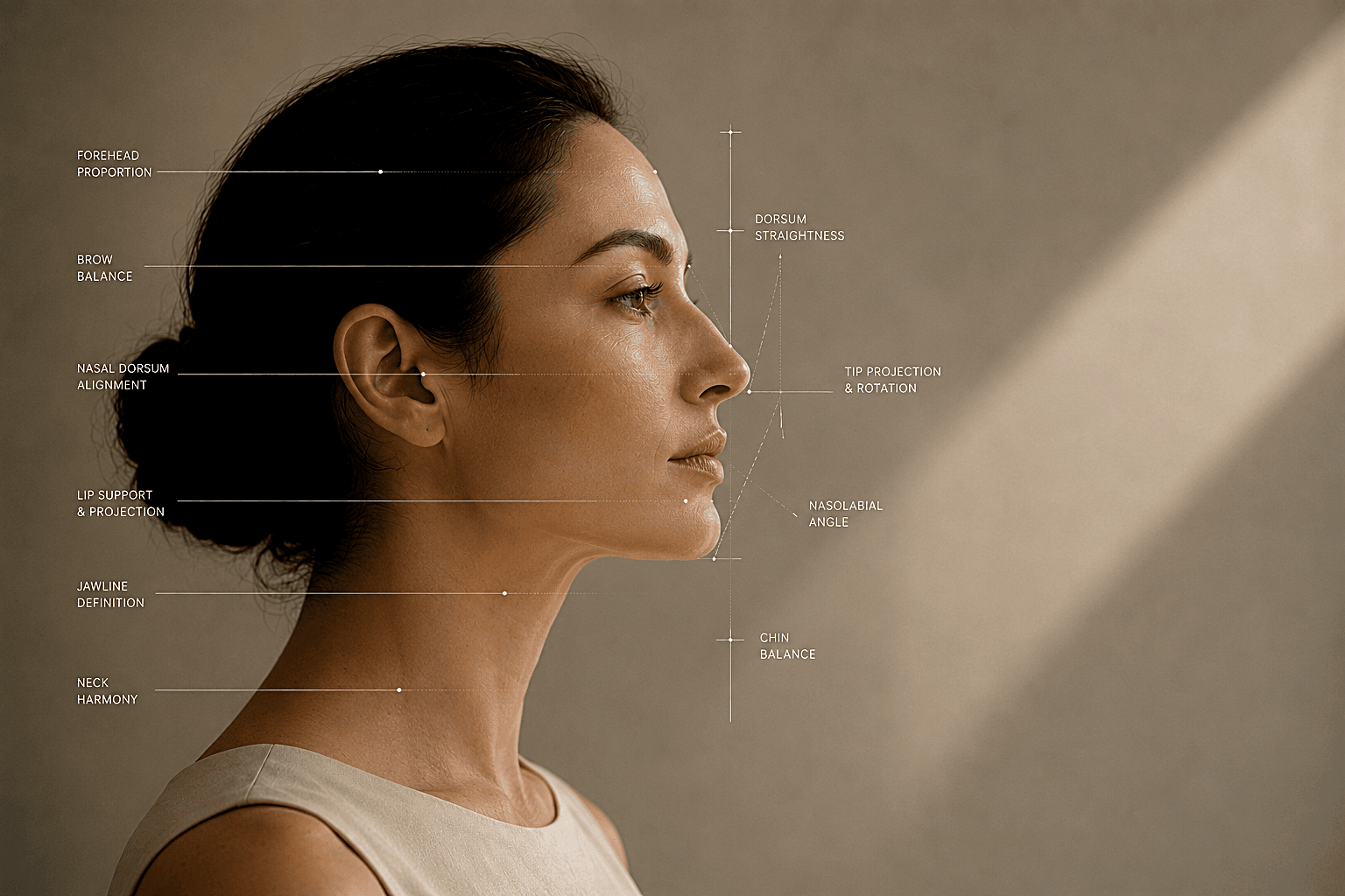 Profile study of the nose with rhinoplasty measurement reference points.