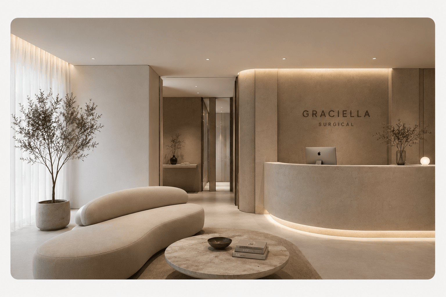 GRACIELLA Surgical reception — a calm, modern clinical environment in warm neutral tones.
