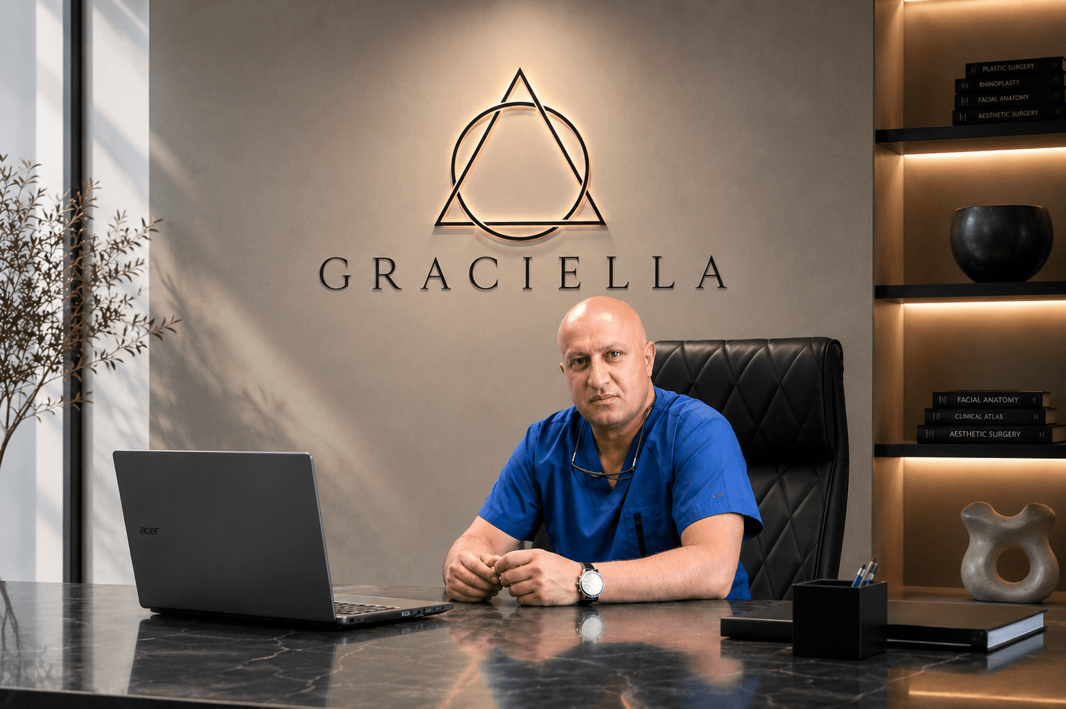 Dr. Ara Hayrapetyan seated at his desk beneath the GRACIELLA emblem.